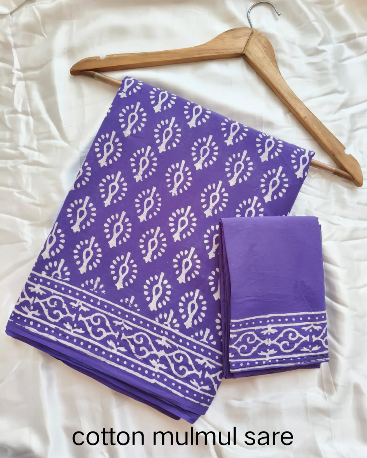 Cotton Mulmul Saree in blue and white butta – Pure cotton handblock printed saree wholesale by Fabtexs